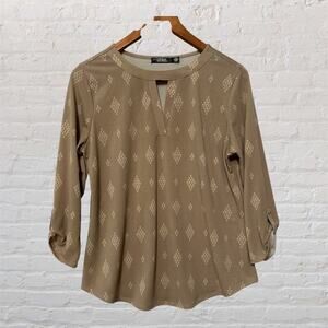 Cure Women's Beige‎ 3/4 Roll-Tab Sleeve Keyhole Neck Blouse Geometric Top Medium